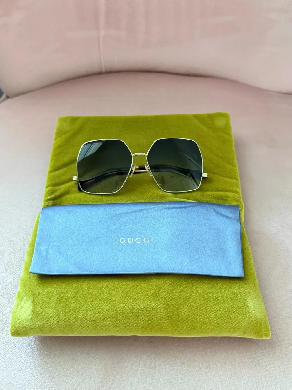 Gucci Women's Gold Frame Sunglasses with Dark Green Lenses